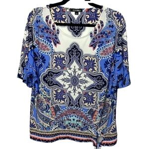 Roz & Ali Short Sleeve Blue Coral White Multi Stretch Blouse Large